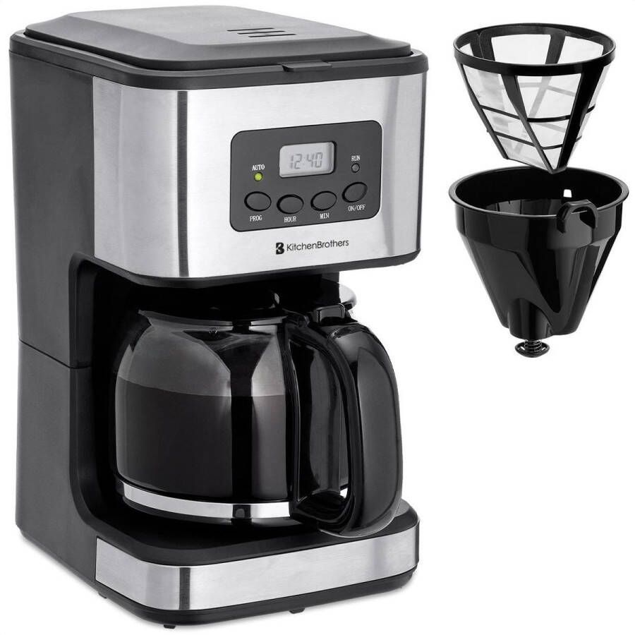 KitchenBrothers Koffiezetapparaat Filterkoffie met Glazen kan 12 Koppen Zwart RVS - Foto 1