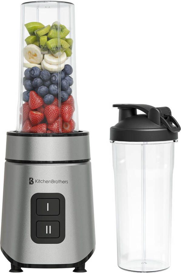KitchenBrothers Mini Blender to Go 2 Standen Smoothie Maker 2 To-Go Bekers 600 ml Zwart