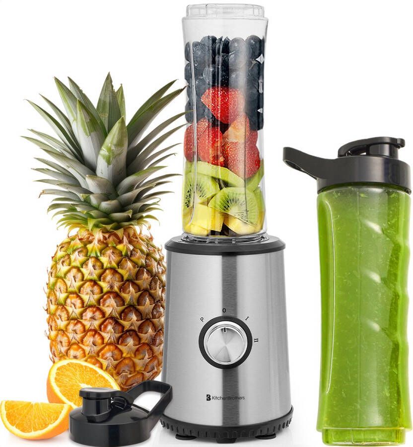 KitchenBrothers Mini Blender to Go Smoothie Maker 2 To-Go Bekers 600 ml RVS