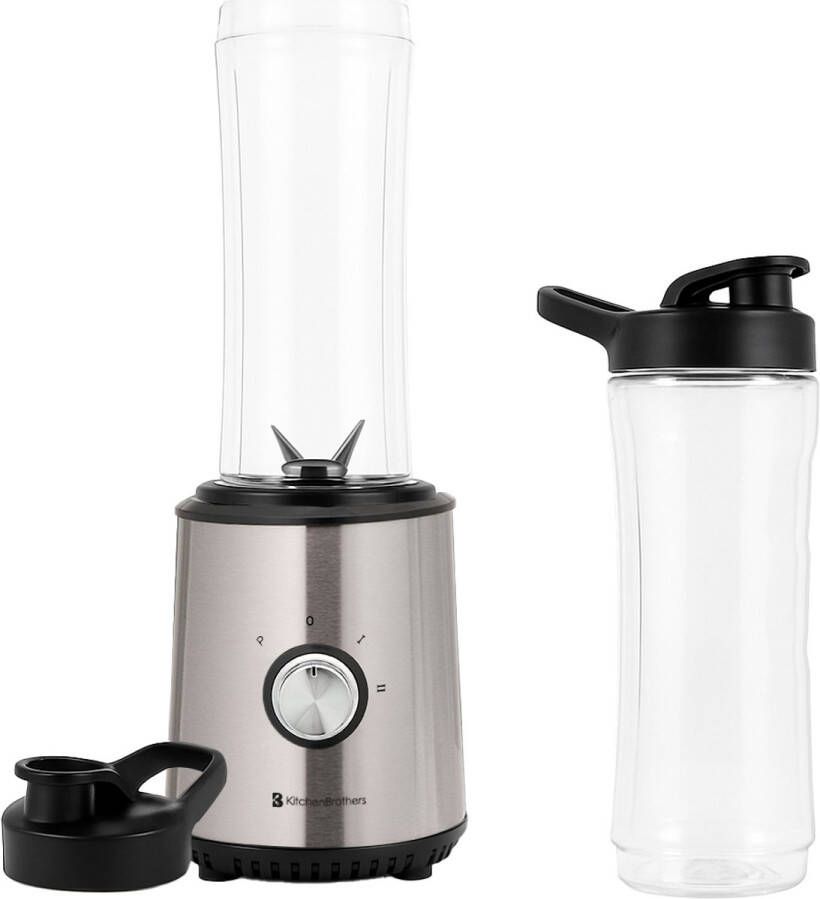 KitchenBrothers Mini Blender to Go Smoothie Maker 2 To-Go Bekers 600 ml RVS