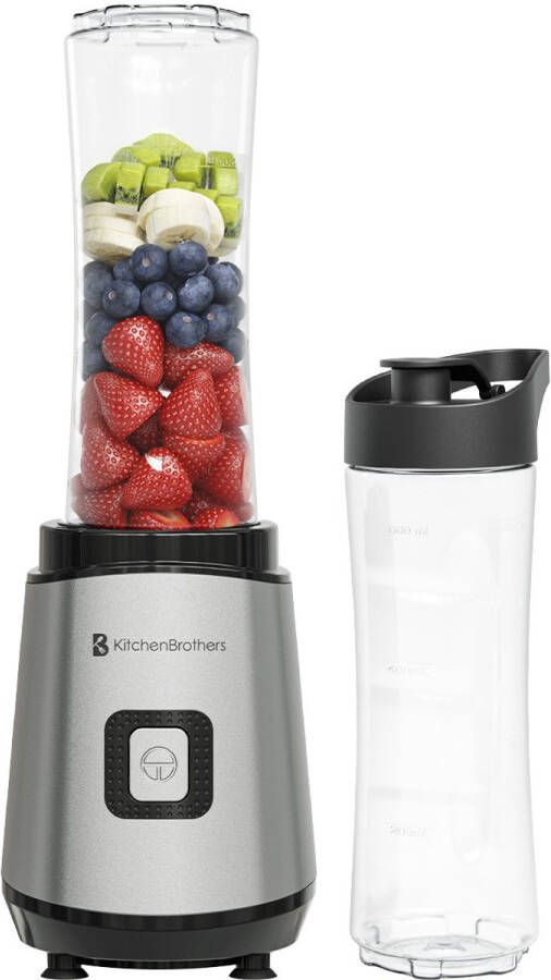 KitchenBrothers Mini Blender to Go Smoothie Maker 2 To-Go Bekers 600 ml RVS