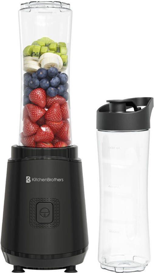 KitchenBrothers Mini Blender to Go Smoothie Maker 2 To-Go Bekers 600 ml Zwart