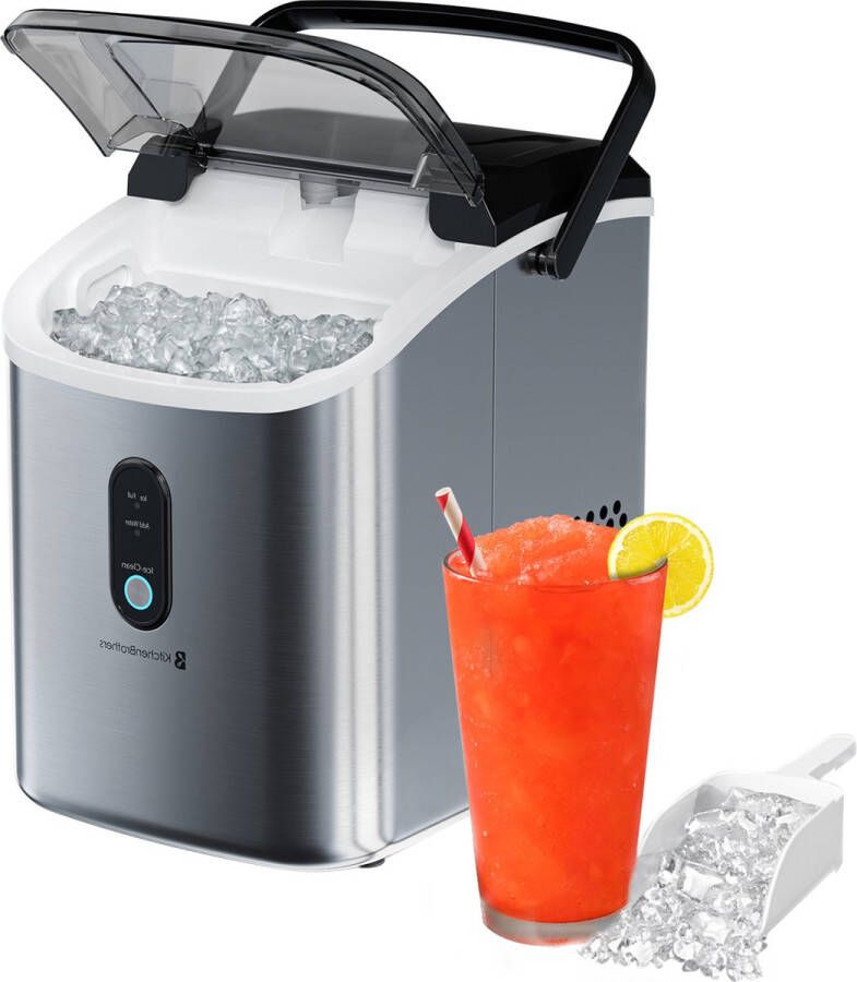 KitchenBrothers Nugget IJsblokjesmachine 1.1L Crushed Ice Maker met IJsschep – Draagbaar – 15kg 24 uur RVS