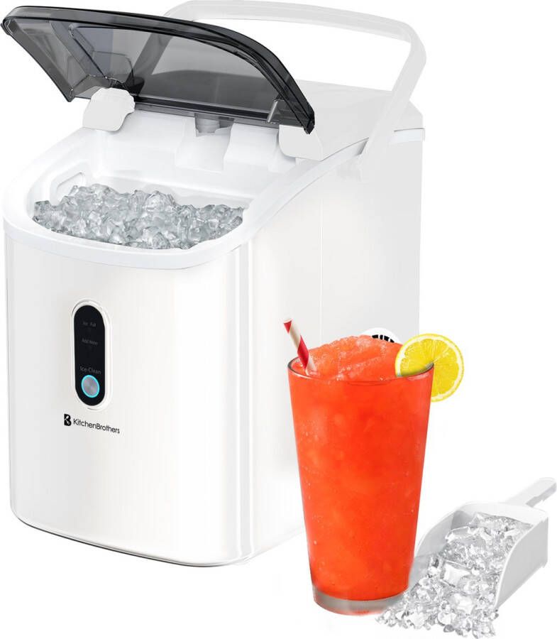 KitchenBrothers Nugget IJsblokjesmachine 1.1L Crushed Ice Maker met IJsschep IJsklontjes maker Draagbaar – 15kg 24 uur Wit