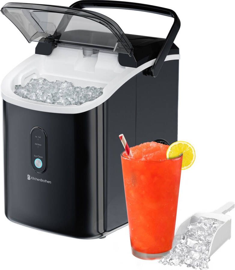 KitchenBrothers Nugget IJsblokjesmachine 1.1L Crushed Ice Maker met IJsschep IJsklontjes maker Draagbaar – 15kg 24 uur Zwart