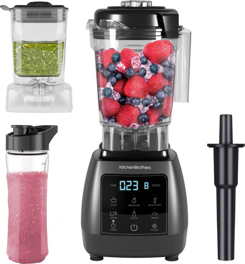 KitchenBrothers 2-in-1 Power Blender 1600W 2L Complete Set met Hakmolen en To-go Beker Smoothie Maker IJscrusher Metallic Grijs