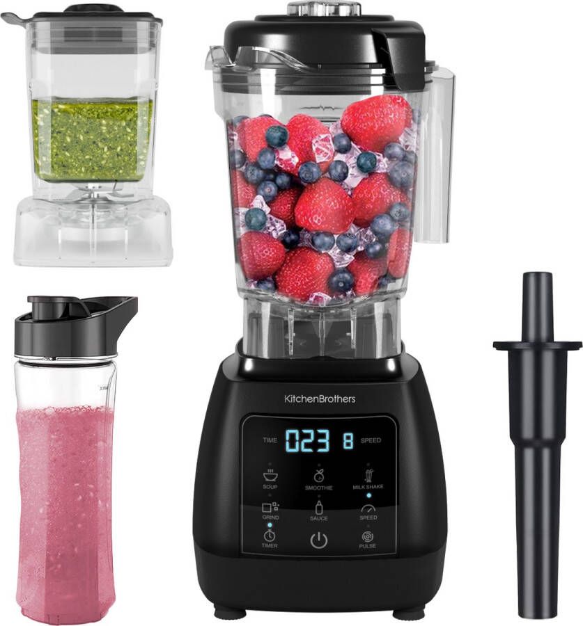 KitchenBrothers Power Blender Set 1600W 2L Complete Set To-go Beker Smoothie Maker Zwart