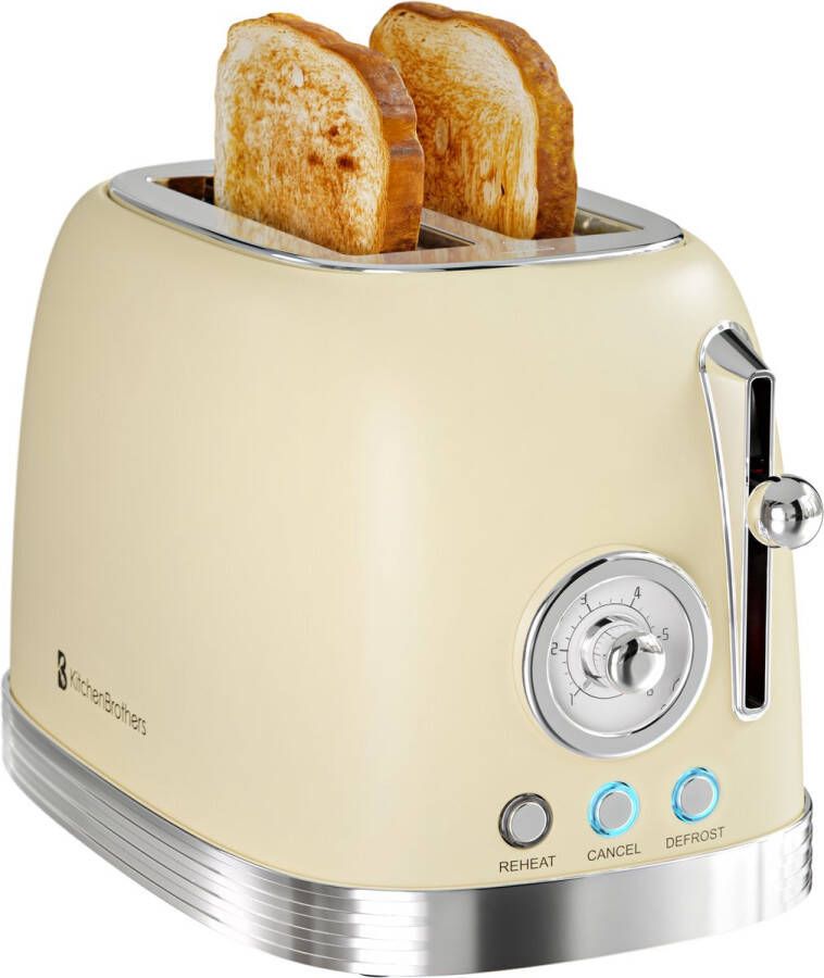 KitchenBrothers Retro Broodrooster Toaster 6 Warmteniveaus 2 Extra Brede Sleuven 815W Beige