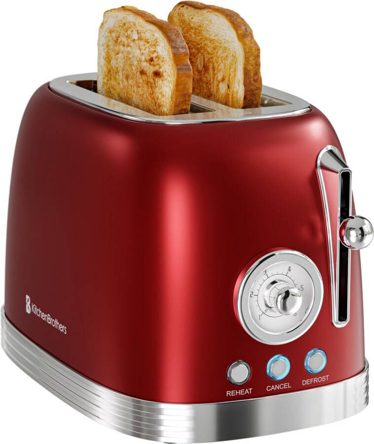 KitchenBrothers Retro Broodrooster Toaster 6 Warmteniveaus 2 Extra Brede Sleuven 815W Rood