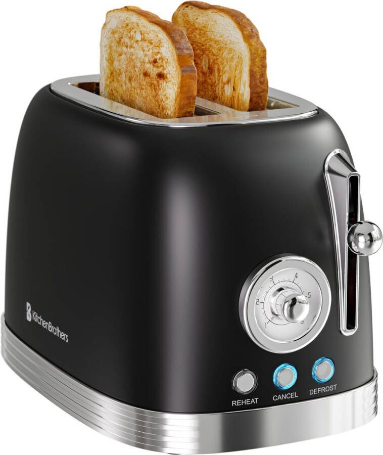 KitchenBrothers Retro Broodrooster Toaster 6 Warmteniveaus 2 Extra Brede Sleuven 815W Zwart