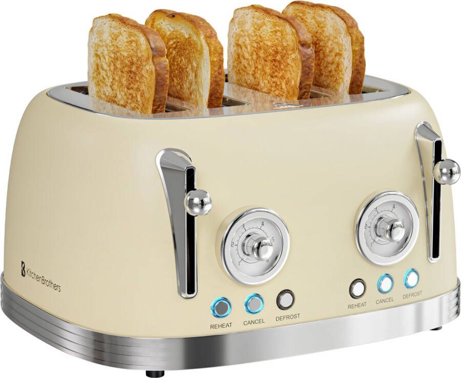 KitchenBrothers Retro Broodrooster Toaster 6 Warmteniveaus 4 Extra Brede Sleuven 815W Beige