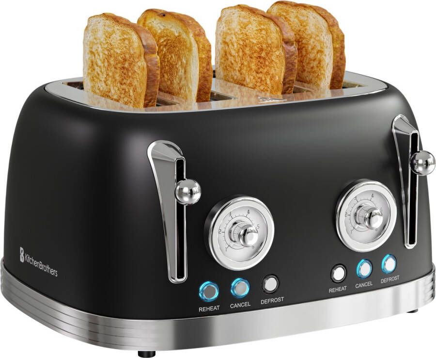 KitchenBrothers Retro Broodrooster Toaster 6 Warmteniveaus 4 Extra Brede Sleuven 815W Zwart