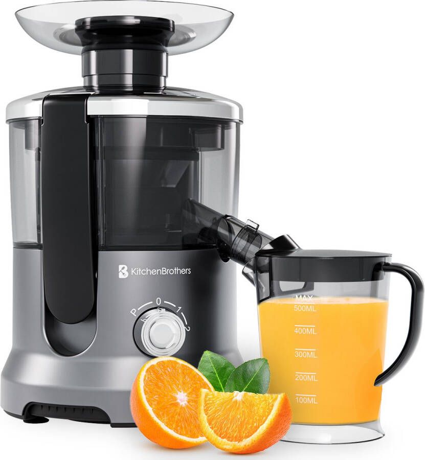 KitchenBrothers Sapcentrifuge Voor Groenten en Fruit Juicer Met Pulpcontainer 500ml 600W Zilver Grijs