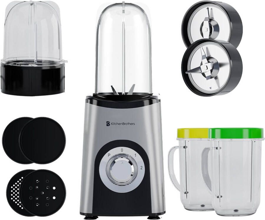 KitchenBrothers Smoothie Blender 2-in-1 Blender to Go 4 Bekers Smoothie Maker To Go Mini Blender Zilver