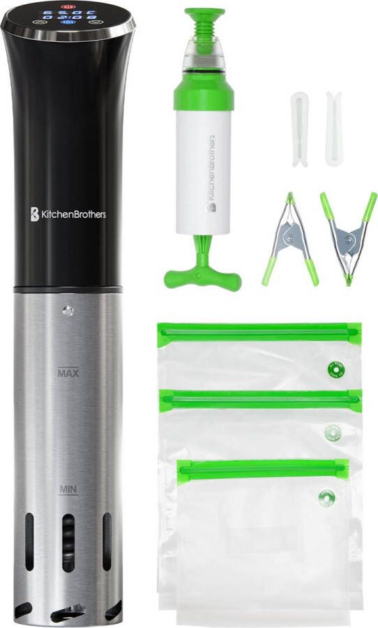 KitchenBrothers Sous Vide Stick Complete Set met Kookboek en Zakken tot 95°C 1200W Zwart RVS