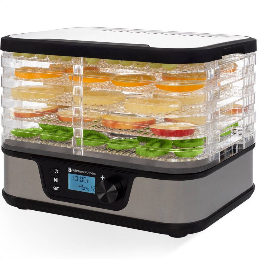 KitchenBrothers Voedseldroger Elektrisch 380W 5 Laags 9 Hitte-niveaus 35°C tot 75°C LCD Display Timer RVS Zwart - Foto 1