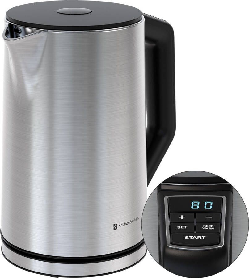 KitchenBrothers Waterkoker Elektrisch 1 5L 2200W Instelbare Temperatuurregeling Dubbelwandig Waterkoker RVS Zilver