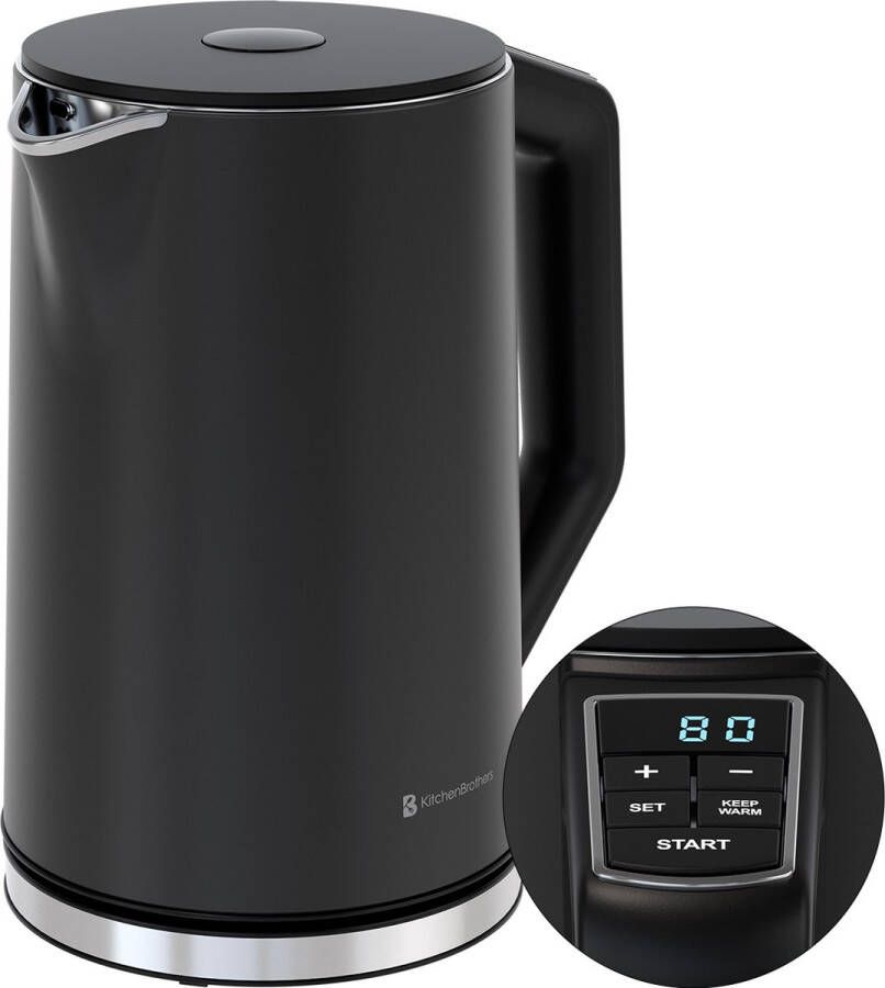KitchenBrothers Waterkoker Elektrisch 1 5L 2200W Instelbare Temperatuurregeling Dubbelwandig Waterkoker RVS Zwart