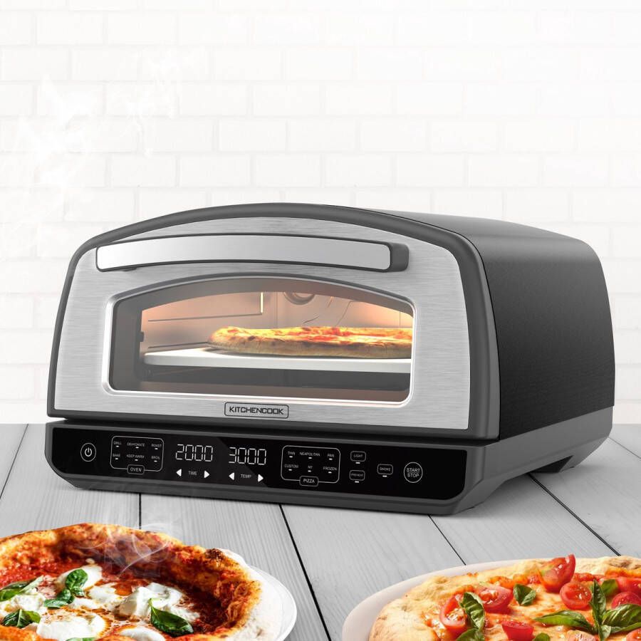 Kitchencook K Pizza Elektrische Pizzaoven – 2000W – Tot 450°C – 12 Voorgeprogrammeerde Menu s – Met Pizzasteen RVS Schep & Roller – Binnengebruik