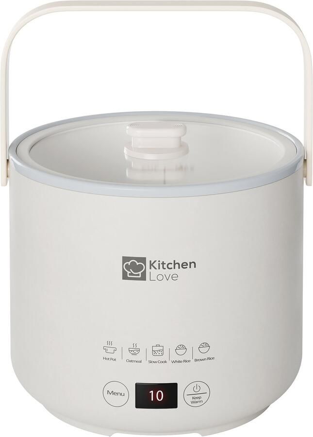 KitchenLove Rijstkoker 0.4L Multicooker Rice Cooker Slowcooker 1 tot 2 Personen Klein Créme Wit
