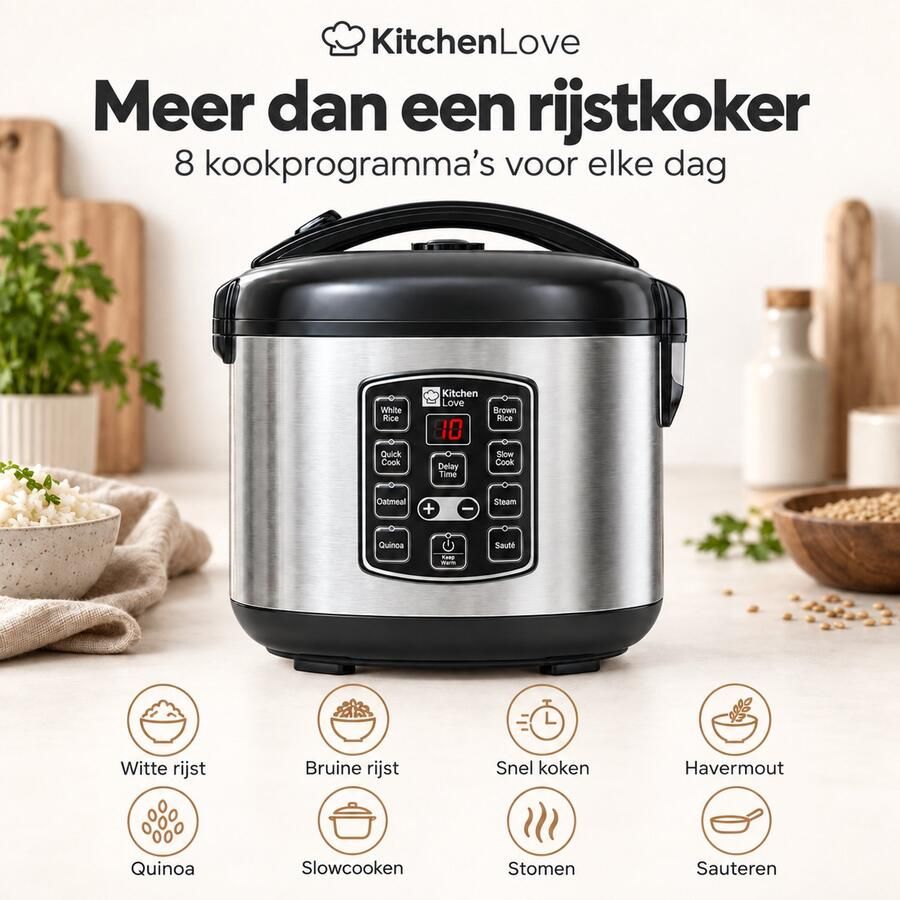 KitchenLove Rijstkoker met Stomer 0.8L Slowcooker Rice Cooker Warmhoudfunctie 1 tot 3 Personen Zwart RVS