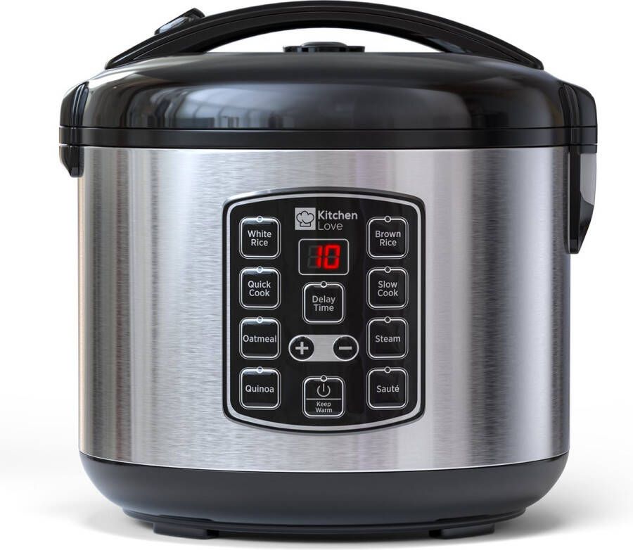 KitchenLove Rijstkoker met Stomer 1.8L Slowcooker Rice Cooker Warmhoudfunctie 3 tot 8 Personen Zwart RVS