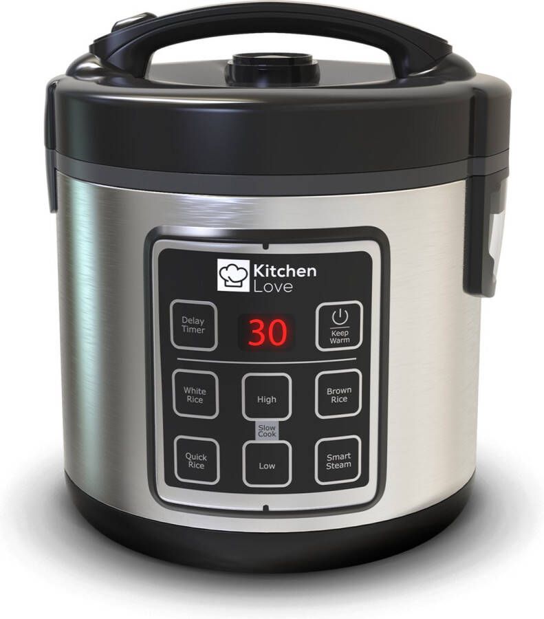 KitchenLove Rijstkoker met Stomer 1.8L Multicooker Rice Cooker Slowcooker Zwart RVS