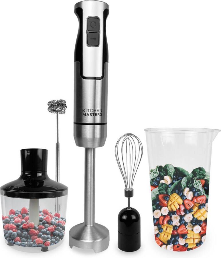 KitchenMasters Staafmixer Set Hakmolen Garde & melkopschuimer Mixer 5-in-1 800W 7 snelheden Incl. Accessoires