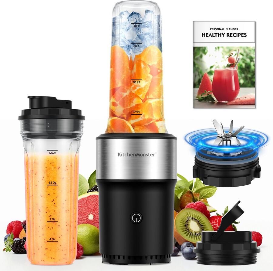 KitchenMonster Blender 900W Smoothie Maker met 2 Draagbare Bekers To Go
