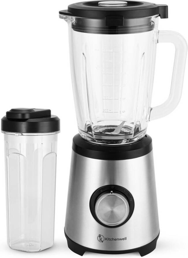 Kitchenwell Blender Krachtige 1300 Watt Smoothieblender met To-Go Beker 1.75 Liter Glazen Kan 3 Standen RVS Grijs
