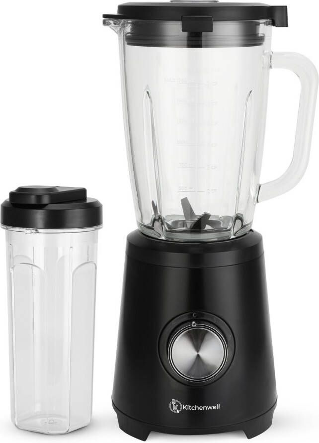 Kitchenwell Blender Krachtige 1300 Watt Smoothieblender 1.5 Liter Glazen Kan 3 Standen Inclusief Sportbeker RVS Zwart - Foto 2