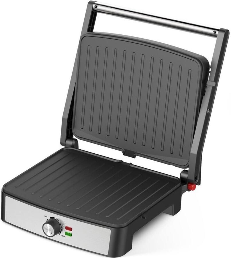 Kitchenwell Contactgrill Grillapparaat Tosti Apparaat Paninigrill en Tosti Ijzer Wafelijzer Elektrische Grill 180° Uitklapbaar – Uitneembare Platen – met Anti-aanbaklaag Instelbare Temperatuur Zwart Zilver 2200 W