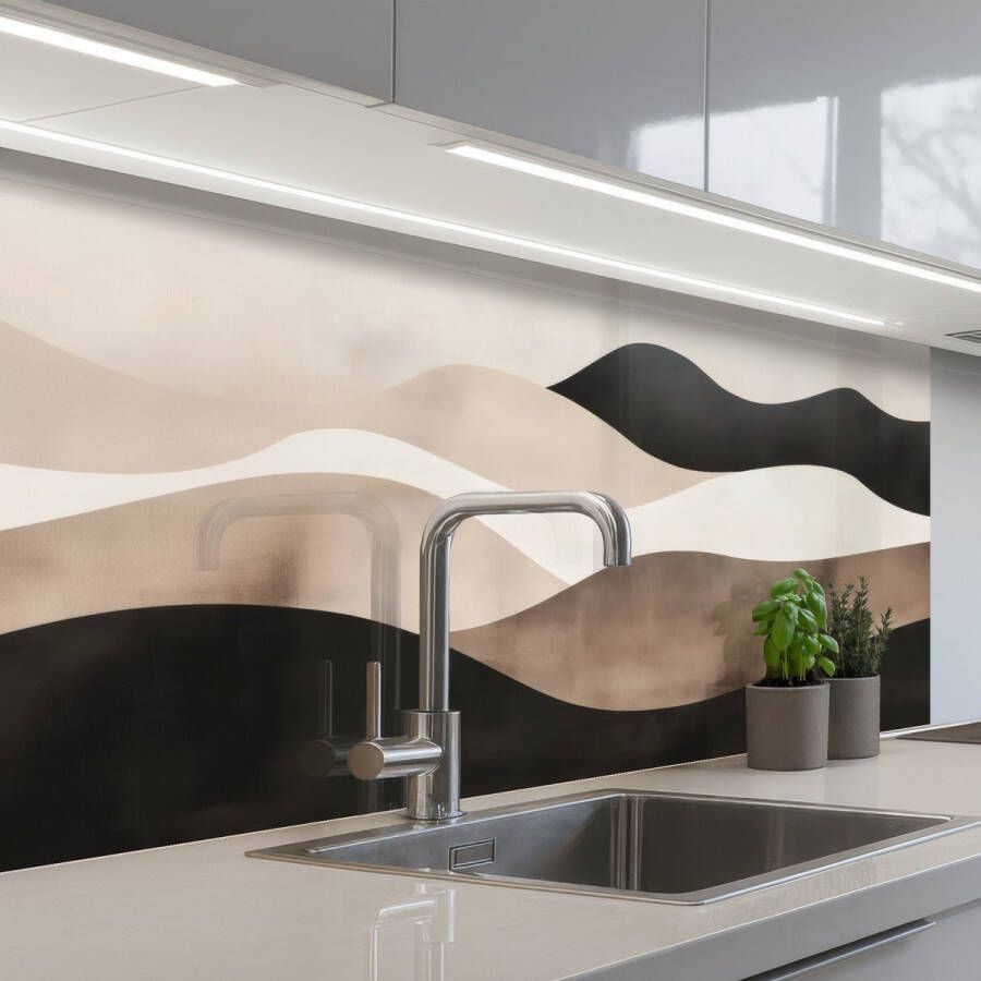 KitchenYeah Keuken achterwand 100x60 cm Spatscherm zelfklevend Abstract Landschap Golven Crèmekleur Muurbeschermer Spatwand fornuis