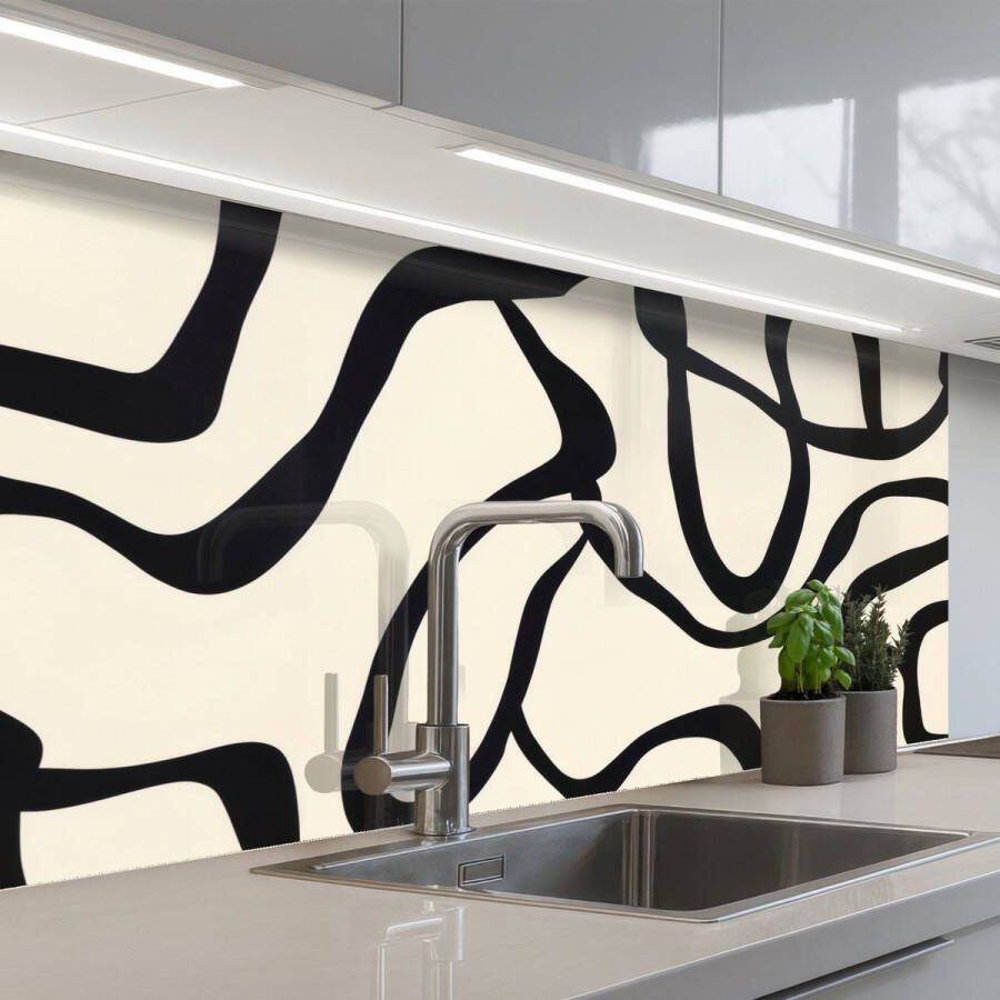 KitchenYeah Keuken achterwand 100x60 cm Spatscherm zelfklevend Abstract Lijnen Modern Beige Muurbeschermer Spatwand fornuis