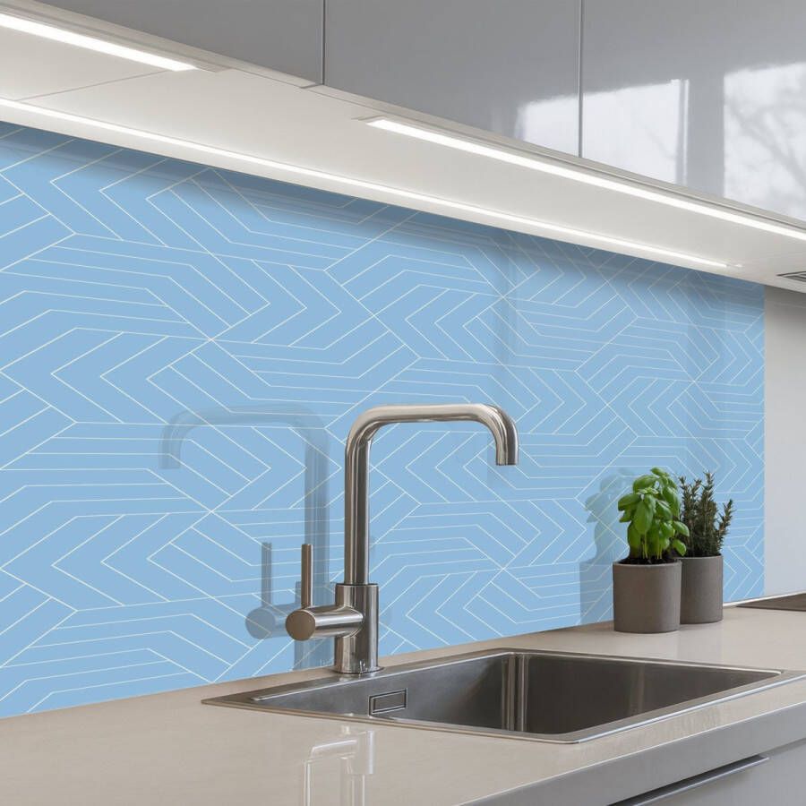 KitchenYeah Keuken achterwand 100x60 cm Spatscherm zelfklevend Blauw Wit Lijnen Patroon Muurbeschermer Spatwand fornuis