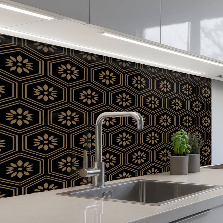KitchenYeah Keuken achterwand 100x60 cm Spatscherm zelfklevend Bloemen Goud Hexagon Muurbeschermer Spatwand fornuis