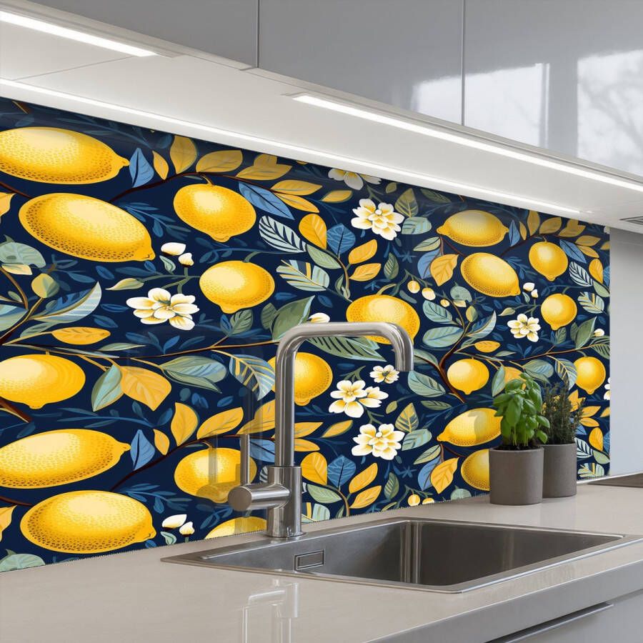 KitchenYeah Keuken achterwand 100x60 cm Spatscherm zelfklevend Citroenen Bloemen Bladeren Blauw Muurbeschermer Spatwand fornuis - Foto 2