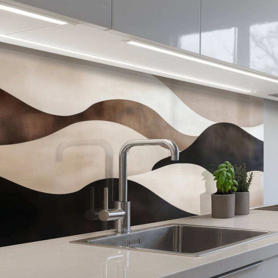 KitchenYeah Keuken achterwand 100x60 cm Spatscherm zelfklevend Golven Abstract Beige Muurbeschermer Spatwand fornuis