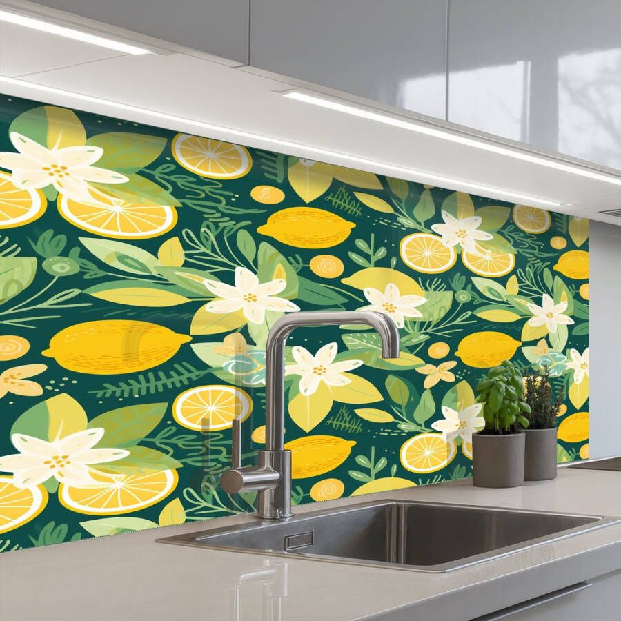 KitchenYeah Keuken achterwand 100x60 cm Spatscherm zelfklevend Groen Bloemen Citroenpartjes Muurbeschermer Spatwand fornuis - Foto 2