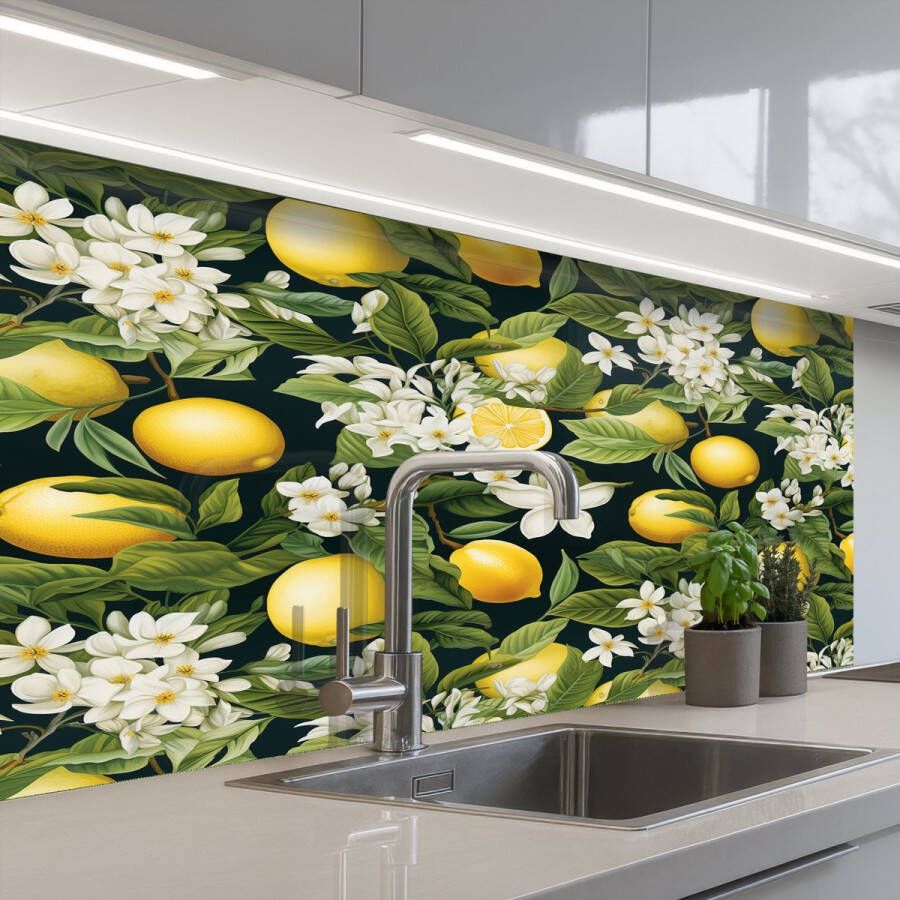 KitchenYeah Keuken achterwand 100x60 cm Spatscherm zelfklevend Hangende Citroenen Witte Bloemetjes Muurbeschermer Spatwand fornuis - Foto 2