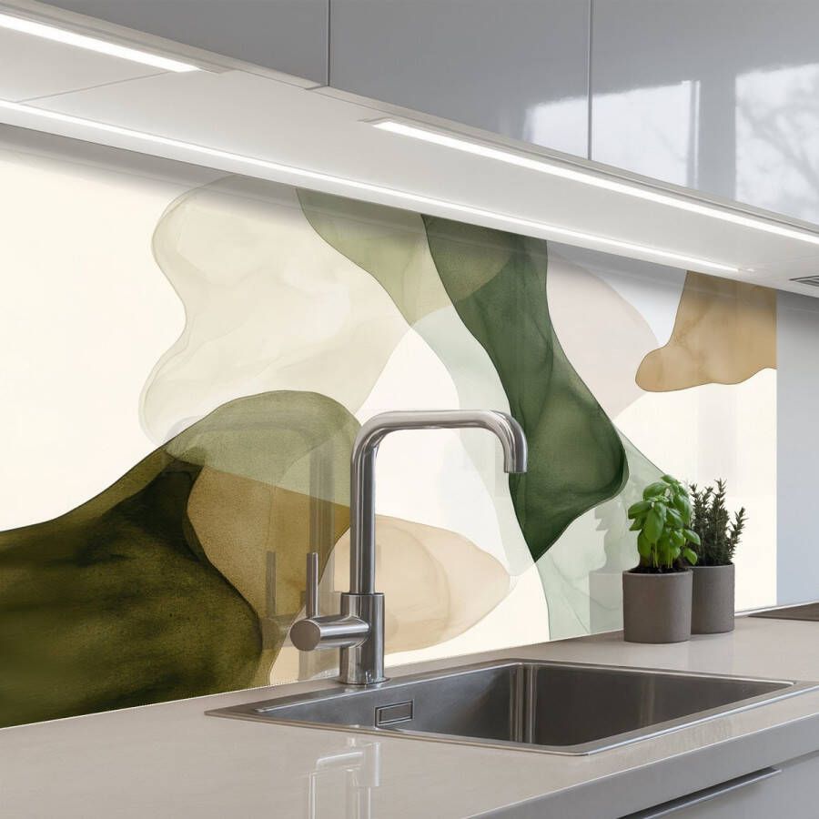 KitchenYeah Keuken achterwand 100x60 cm Spatscherm zelfklevend Japandi Abstract Groen Muurbeschermer Spatwand fornuis