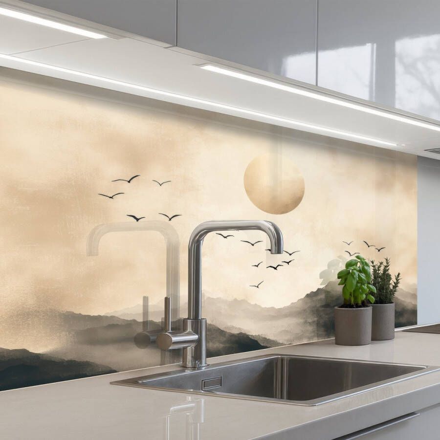 KitchenYeah Keuken achterwand 100x60 cm Spatscherm zelfklevend Landschap Japandi vogel Muurbeschermer Spatwand fornuis