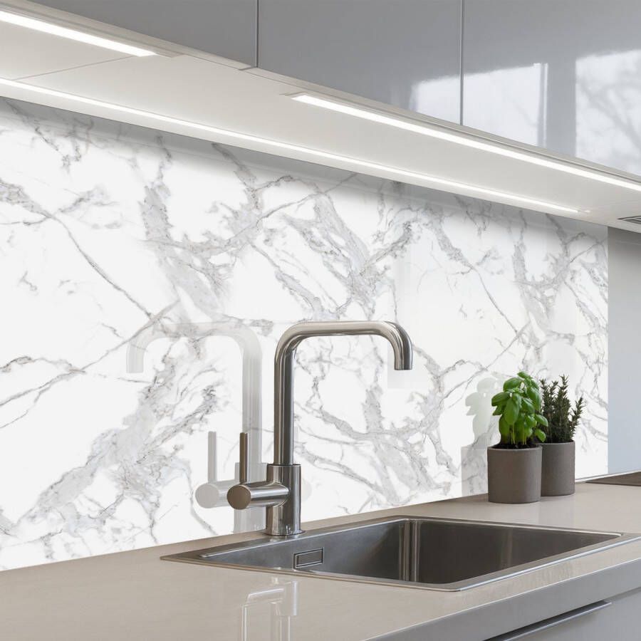 KitchenYeah Keuken achterwand 100x60 cm Spatscherm zelfklevend Marmer Zuiver Grijs Aders Muurbeschermer Spatwand fornuis