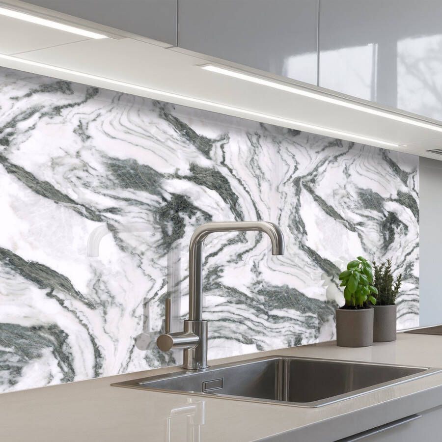 KitchenYeah Keuken achterwand 100x60 cm Spatscherm zelfklevend Wit Marmer print Golvend Grafiet Muurbeschermer Spatwand fornuis