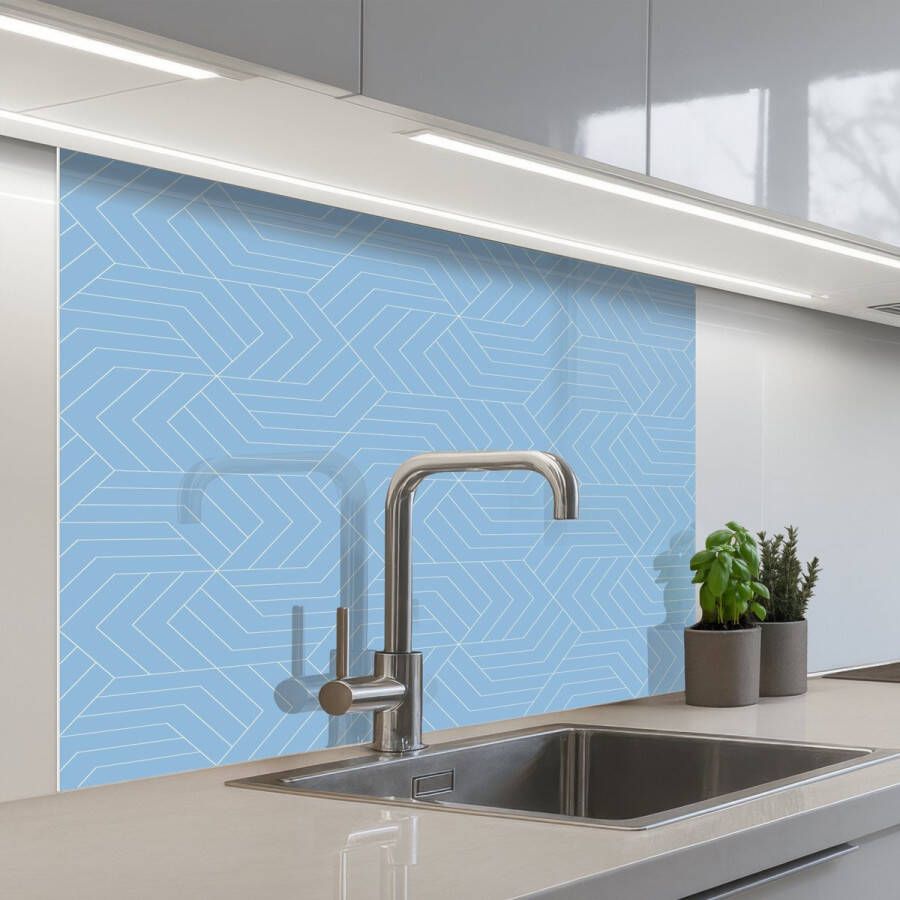 KitchenYeah Keuken achterwand 100x80 cm Spatscherm zelfklevend Blauw Wit Lijnen Patroon Muurbeschermer Spatwand fornuis