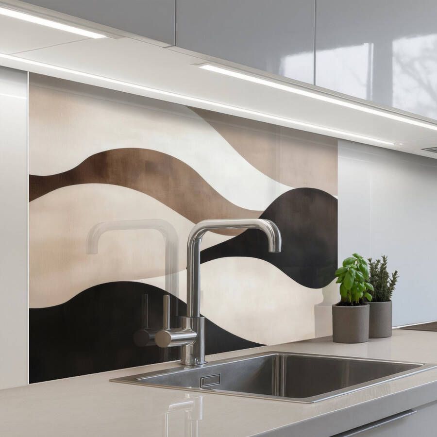 KitchenYeah Keuken achterwand 100x80 cm Spatscherm zelfklevend Golven Abstract Beige Muurbeschermer Spatwand fornuis