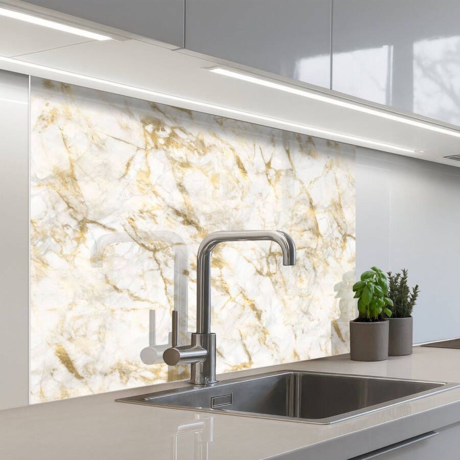 KitchenYeah Keuken achterwand 100x80 cm Spatscherm zelfklevend Goud Licht Nerf Marmer print Muurbeschermer Spatwand fornuis