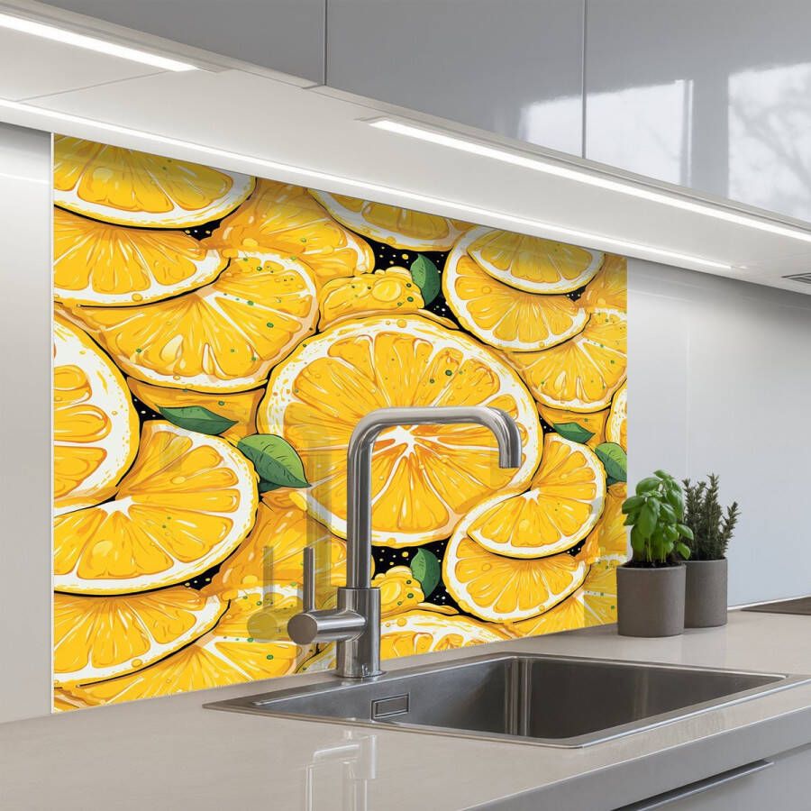 KitchenYeah Keuken achterwand 100x80 cm Spatscherm zelfklevend Grafisch Citroenschijven Blaadjes Muurbeschermer Spatwand fornuis