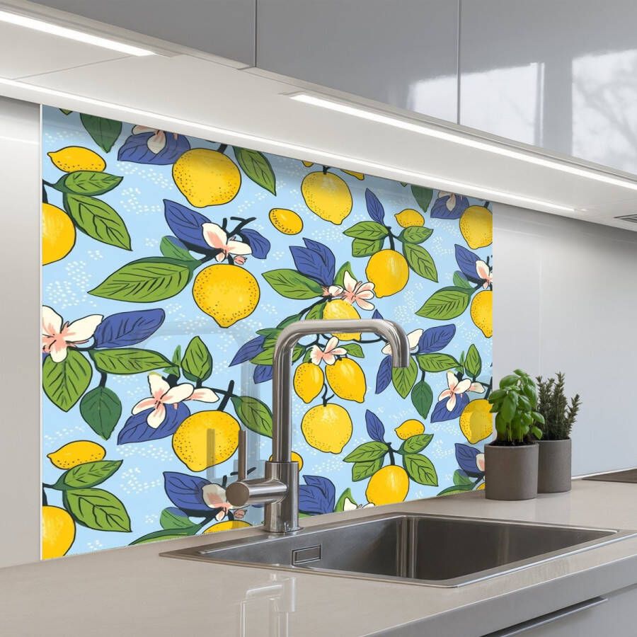 KitchenYeah Keuken achterwand 100x80 cm Spatscherm zelfklevend Illustratie Citroen Patroon Muurbeschermer Spatwand fornuis