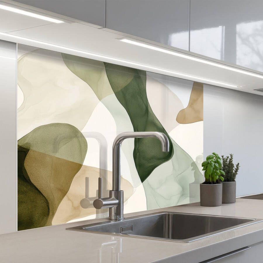 KitchenYeah Keuken achterwand 100x80 cm Spatscherm zelfklevend Japandi Abstract Groen Muurbeschermer Spatwand fornuis